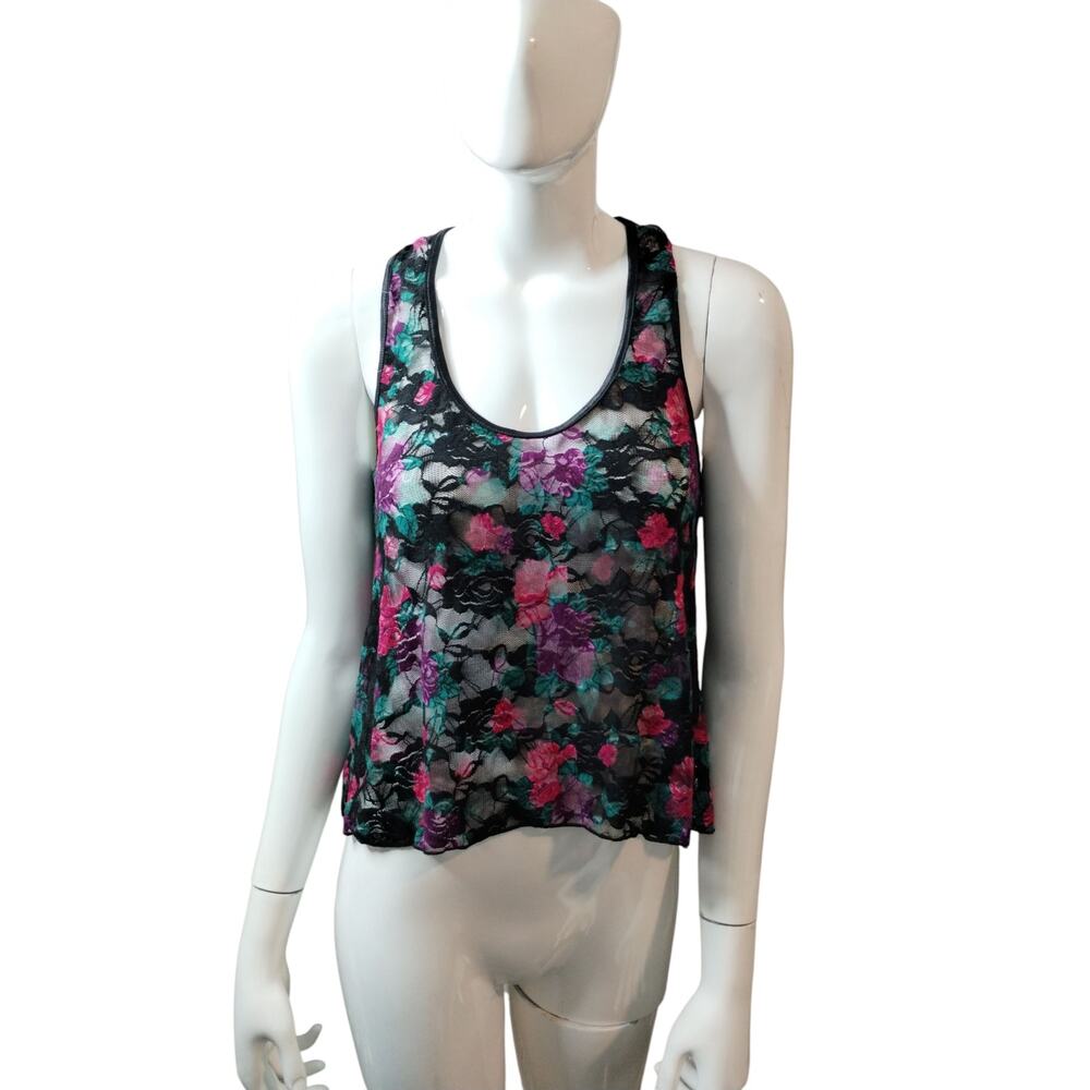 Y2K Womens size XS Floral Lace Mesh Colorful Grunge Whimsigoth Stretch Tank‎ Top